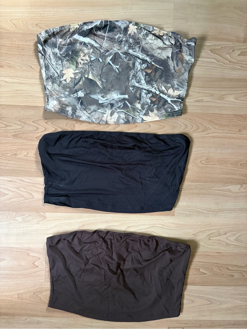 SHEIN Three-Pack Strapless Tube Tops — Camo, Black, Brown